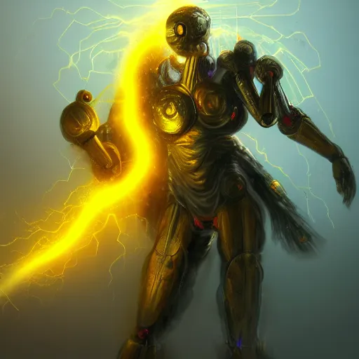 Image similar to ethereal god of artificial intelligence in the shape of yellow nebulous thunder creating the first artificial neural network on anvil with his hammer, high resolution, award winning art, trending on art station