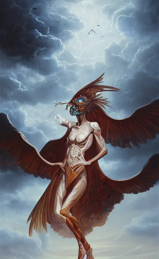 Image similar to an anatomical oil painting of a Harpy from a medical journal by Peter Mohrbacher and Julie Bell, highly detailed, high detail, 8k, storm clouds, birds, dramatic lighting