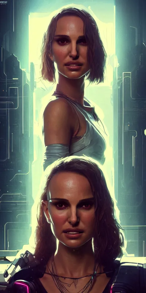 Image similar to portrait of Natalie Portman as a character in arabian Cyberpunk 2077, looking at camera, intricate, dystopian, sci-fi, extremely detailed, digital painting, artstation, concept art, smooth, sharp focus, illustration, intimidating lighting, incredible art by artgerm and greg rutkowski and alphonse mucha and simon stalenhag