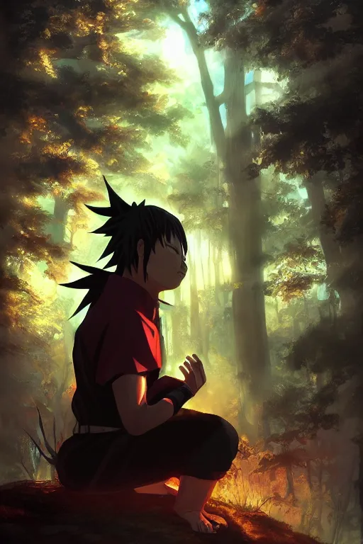 Image similar to photorealistic dark fantasy concept art of Naruto meditating in a forest, dynamic lighting, stunning visuals, realism, cinematic, hyper detailed, ultra detailed, beautiful visuals and sunset