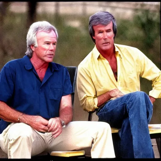 Prompt: kevin tighe with randy mantooth, sitting by a dumpster drinking beer, empty bottles