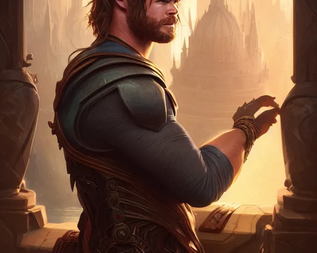 Image similar to photography of chris hemsworth, deep focus, d & d, fantasy, intricate, elegant, highly detailed, digital painting, artstation, concept art, matte, sharp focus, illustration, hearthstone, art by artgerm and greg rutkowski and alphonse mucha