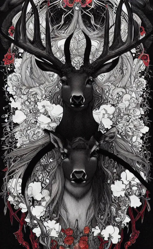 Image similar to black and white deer, with highly detailed with red flowers, long flowing mane and tail, ultra high detail, symmetry, in a hellscape, detail art style of alfons maria mucha, and peter mohrbacher atyles god lighting