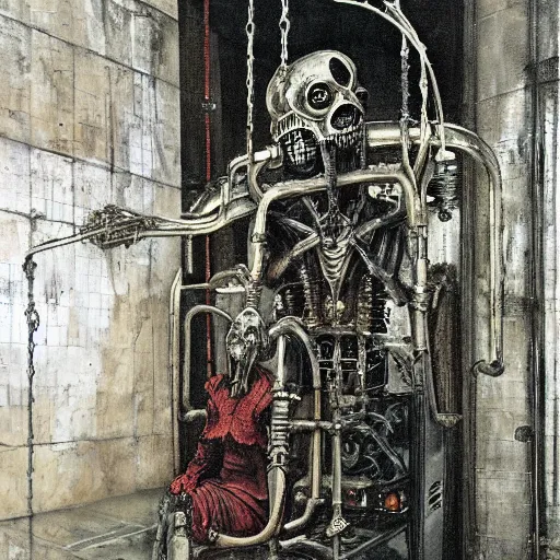 Image similar to horrorpunk interior of pristine steampunk asylum laboratory testing chamber containing a chained mutant cyborg nicola samori hr giger william-adolphe borguereau viktor vasnetsov charlie bowater acrylic painting