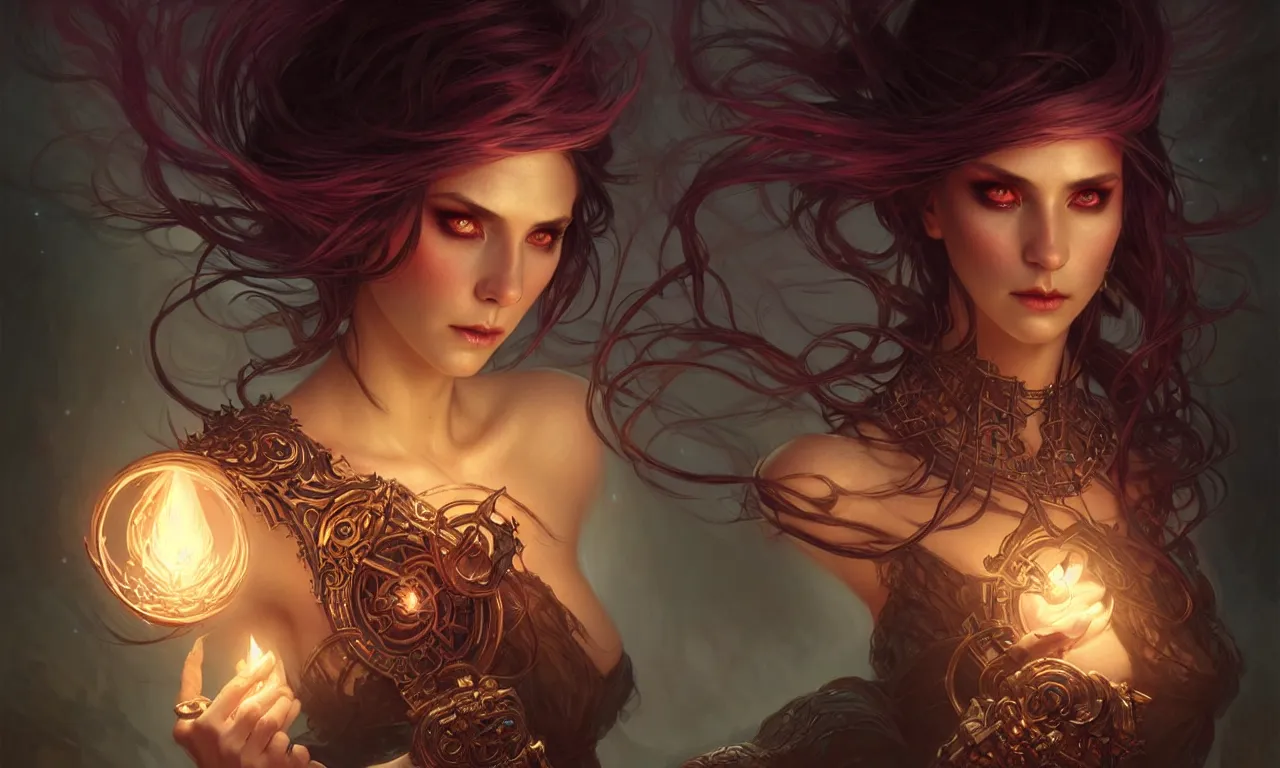 Image similar to Necromancer Sorceress in center, fantasy magic, undercut hairstyle, dark light night, intricate, elegant, sharp focus, illustration, highly detailed, digital painting, concept art, matte, art by WLOP and Artgerm and Greg Rutkowski and Alphonse Mucha, masterpiece