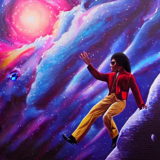 Image similar to painting of Michael Jackson doing the moonwalk in a cosmic scenic environment, trending on Artstation, hyperdetailed, beautiful, stars, planets, nebula, medium shot, mid-shot