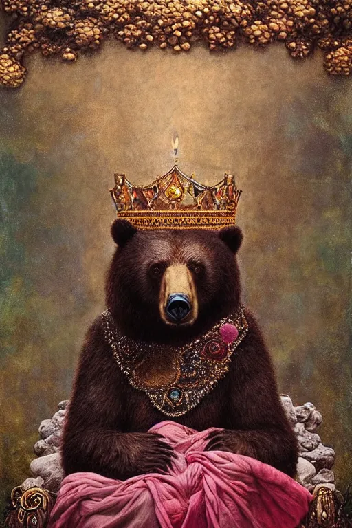 Prompt: “A majestic portrait of a bear wearing a crown sitting in a stone throne,national geographic,titian, Tom Bagshaw, Sam Spratt, maxfield parrish, gustav klimt, high detail, 8k, intricate, gold red and pink colors”