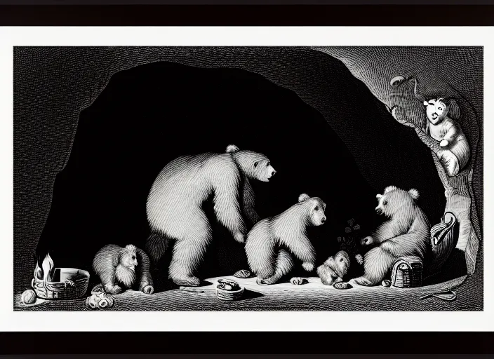 Image similar to Pieter Claesz's 'bear and her cubs sleeping in a dark cave lit by campfire', night time, cross hatching, framed