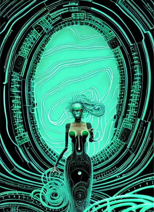 Image similar to highly detailed portrait of a biopunk long curly white hair tribal lady, stray wiring by atey ghailan, james gilleard, by joe fenton, by greg rutkowski, by greg tocchini, by kaethe butcher, 4 k resolution, gradient green, black and white color scheme!!! ( ( irradiated robotic spiral whirlwind background ) )