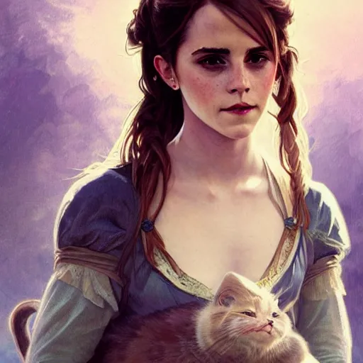 Image similar to a beautiful portrait of emma watson as a neko catgirl, fantasy, intricate, elegant, highly detailed, digital painting, artstation, concept art, matte, sharp focus, illustration, art by greg rutkowski and alphonse mucha