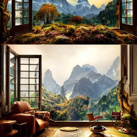 Image similar to fantastical living room with switzerland landscape in the window by marc adamus, beautiful dramatic lighting, overgrown with funghi, style by peter deligdisch, peterdraws