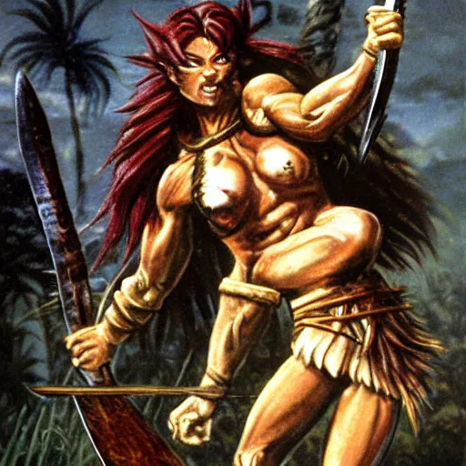 Prompt: Muscular savage barbarian warrior girl, wearing barbarian caveman pelt, cavewoman, wild spiky black Saiyan hair, tiger pelt, holding scimitar made of bone, battle-scarred, scars of battle, bloody, primeval fantasy, electricity, palm trees, pulp art, illustration, Frank Frazetta