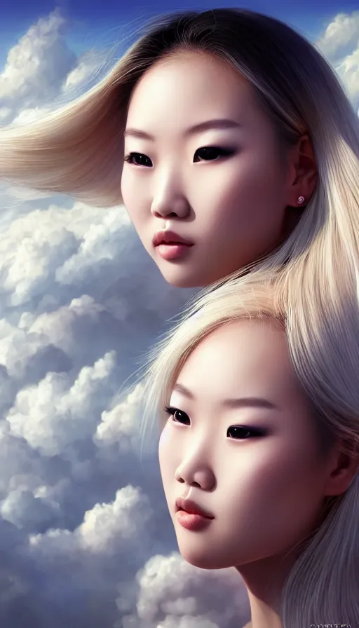 Prompt: photo of a gorgeous blonde young asian girl , searching for eternity, head in the clouds in the style of stefan kostic, realistic, sharp focus, 8k high definition, high fashion, vogue, insanely detailed, intricate, elegant, art by stanley lau and artgerm, sigma 85mm art