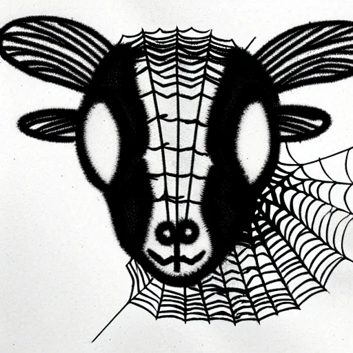 Image similar to transparent flat sheep in spiderweb clothes. fusion between lamb and cobweb. white eyes. pencil sketch, concept artsheep shape morph spider web