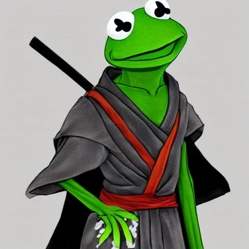 Image similar to Kermit the frog as an anime samurai, style of afro samurai, Key Frame, Top rated of pixiv, High Detail, Medium Shot, Dusk