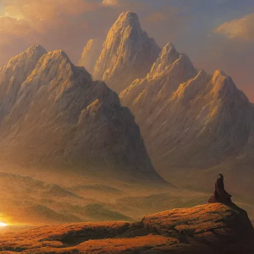 Image similar to an ultradetailed matte landscape painting of a large mountain made into a sculpture of a woman, sunrise on the horizon in the background, stone hand raised up, 8 k, art by greg rutkowski and albert bierstadt