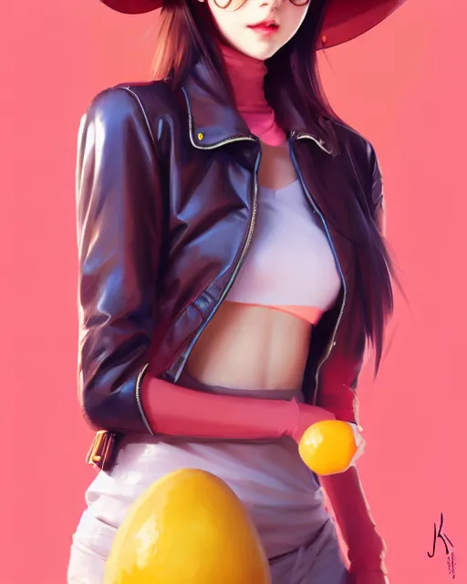 Image similar to mango girl wearing a candy hat and leather jacket, fine detail!! anime!! realistic shaded lighting!!, kim hyun joo, digital painting by ilya kuvshinov, magali villeneuve, artgerm, jeremy lipkin and michael garmash and rob rey