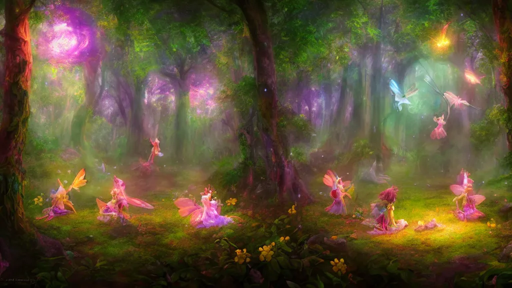 Prompt: fairies in a mystical magic forest, cinematic scene, colorful, candy, fantasy, fireflies, matte painting, concept art, medium shot, trending on artstation,