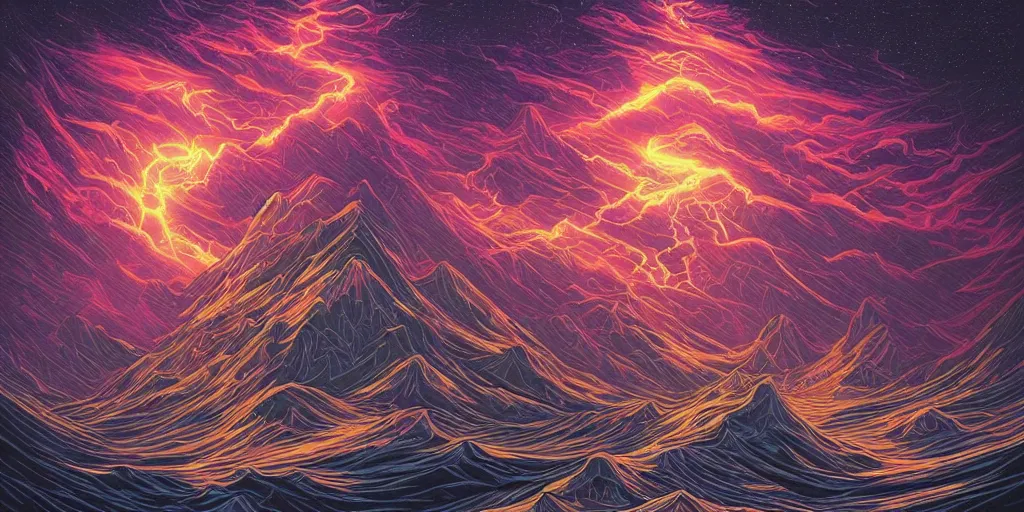 Image similar to artwork, masterpiece of from Dan Mumford collection ::La Chroma:: with a mage invoking divine gods while there's a storm and lightings, trending on ArtStation, art by Dan Mumford and details by artgerm