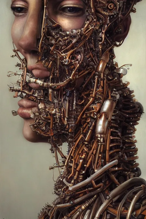 Prompt: beautiful oil painting portrait of biomechanical woman face connected to the machine by wayne barlowe, rembrandt, complex, stunning, realistic skin color, 4 k, high res, awardwinning, masterpiece, detailed, realistic lighting