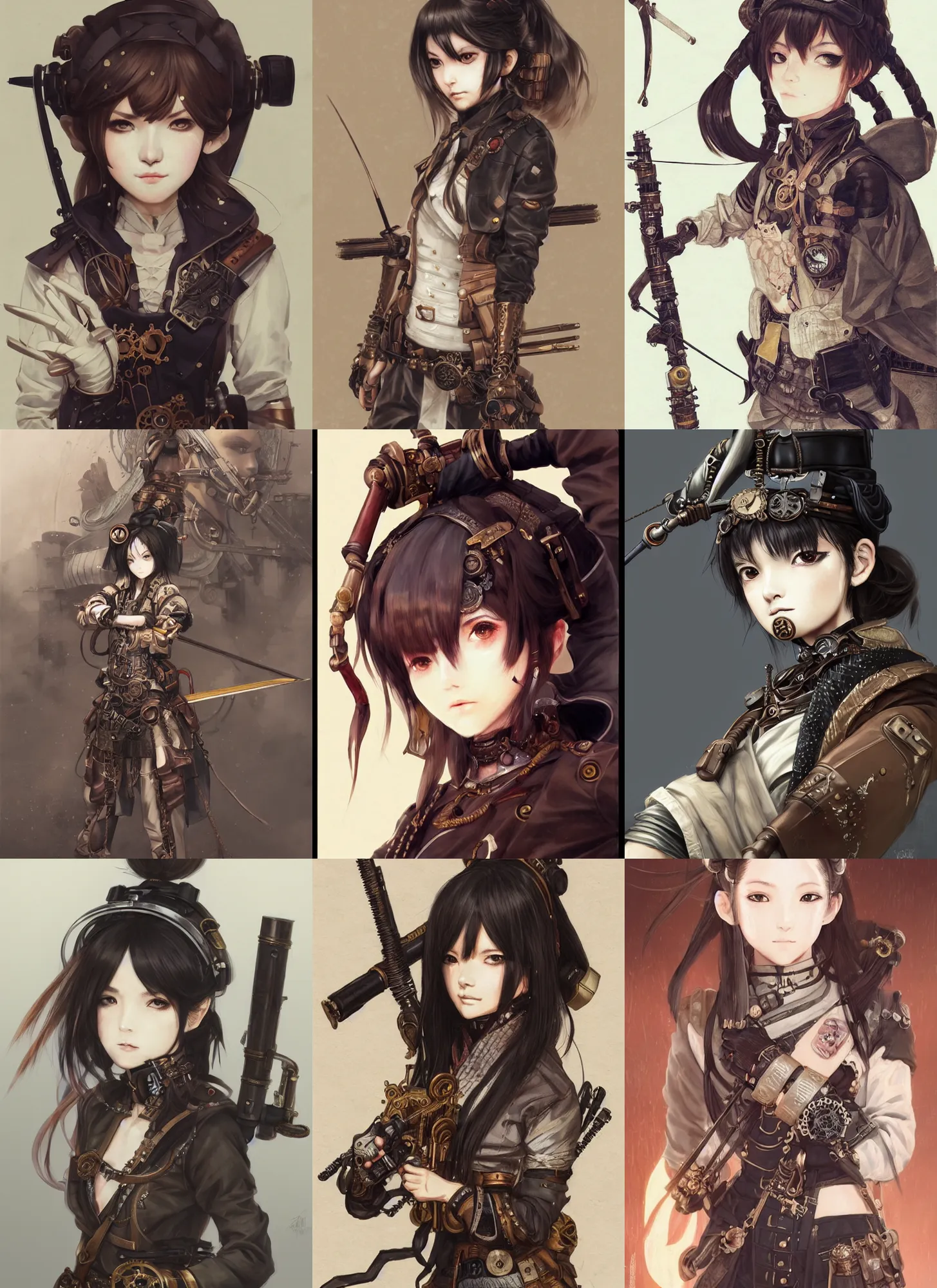 Prompt: detailed portrait of steampunk girl samurai with tachi and cross bow combat pose, wearing cyberpunk streetwear, trending on artstation elite, elegant, luxury, by krenz cushart, junji ito, perfect face, fine details, realistic shaded, fine - face, pretty face