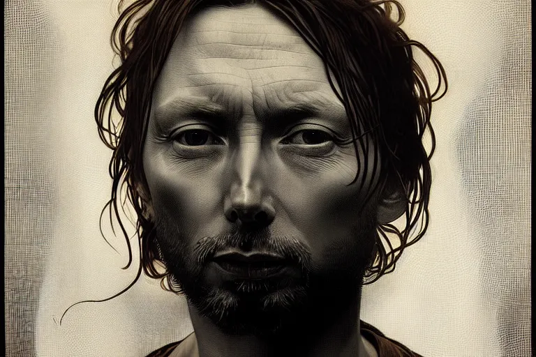 Image similar to hyper realistic portrait of ( ( ( thom yorke ) ) ) singer songwriter, side, liminal space, by lee bermejo, alphonse mucha and greg rutkowski