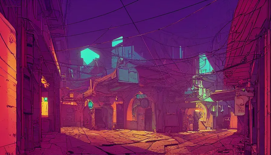 Prompt: an alley from counter strike global offensive by moebius and kilian eng, atmospheric, fine details, vivid, neon, masterpiece