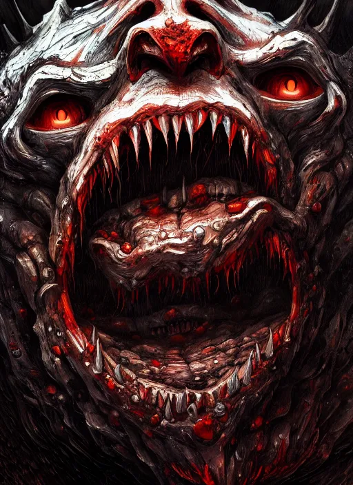 Prompt: close up portrait of a monster in the mountains of hell, sharp teeth, oil painting by tomasz jedruszek, cinematic lighting, pen and ink, intricate line, hd, 4 k, million of likes, trending on artstation