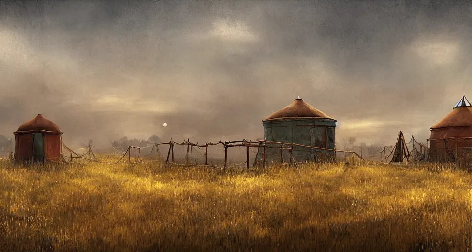 Image similar to night, yurt, in the steppe, summer field, misty background, rusty building constructions of spiral upside - down stairs on background, from the game pathologic 2, highly detailed, sharp focus, matte painting, by isaac levitan and asher brown durand,