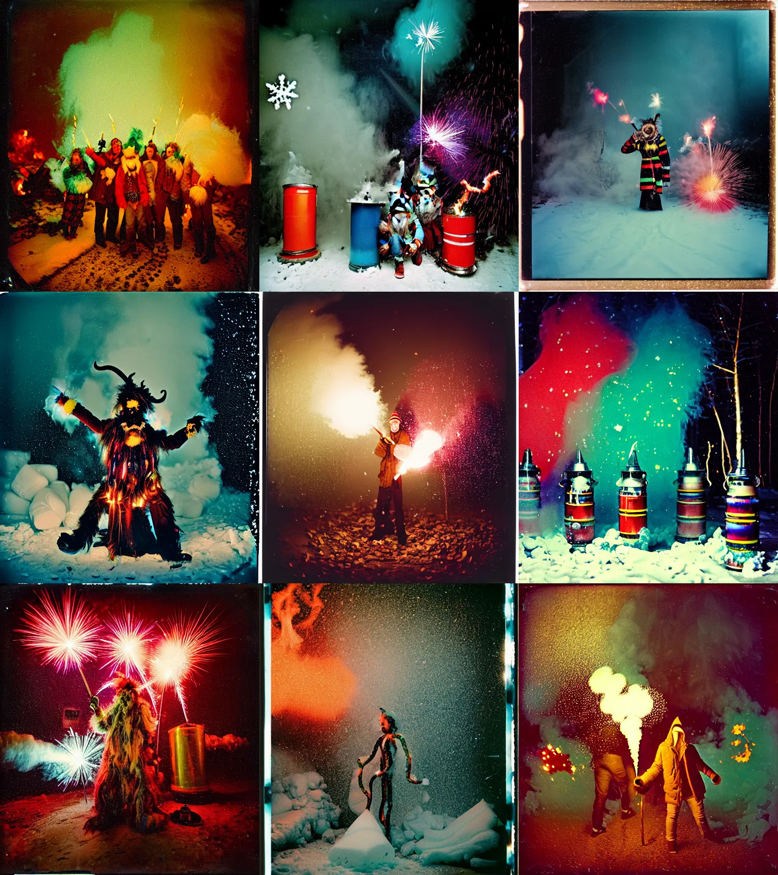 Image similar to kodak portra 4 0 0, wetplate, winter, snowflakes, rainbow coloured rockets, chaos, glitter tornados, award winning dynamic photo of a bunch of hazardous krampus between exploding fire barrels by robert capas, motion blur, in a small pantry at night with colourful pyro fireworks and torches, teal lights