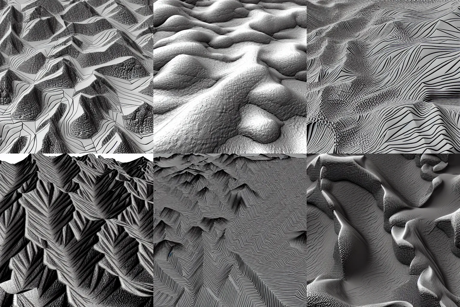 Prompt: terrain heightmap, white on black, heightmap render, top - down 2 d, ultrafine detailed generative art, polycount, hd