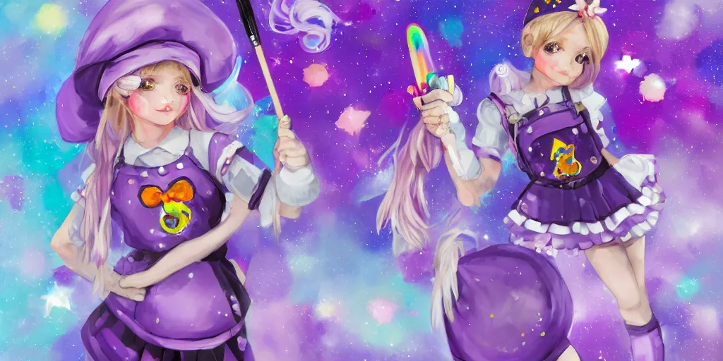 Image similar to A character sheet of a magical girl holding a paintbrush with short blond hair and freckles wearing an oversized purple Beret, Purple overall shorts, jester shoes, and white leggings covered in stars. Rainbow accents on outfit. Concept Art painting. By ZaZa. By WLOP. Decora. harajuku fashion