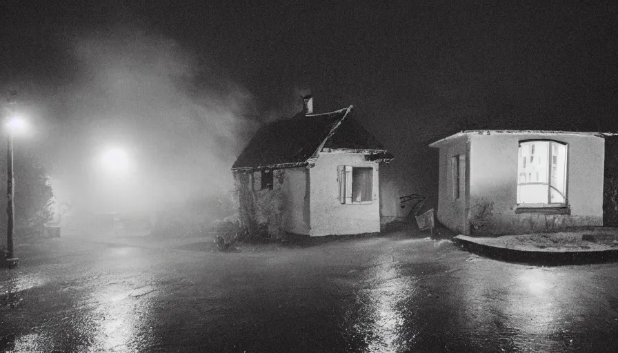 Prompt: 1 9 7 0 s movie still of a heavy burning french style little house in a small north french village by night, rainy, foggy, cinestill 8 0 0 t 3 5 mm, heavy grain, high quality, high detail, dramatic light, anamorphic, flares