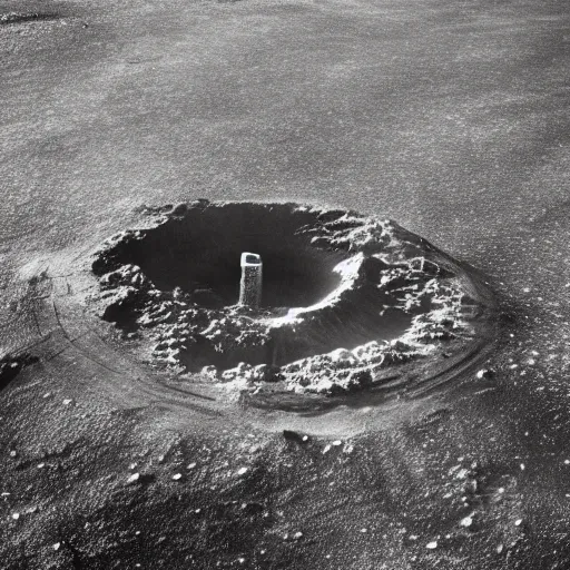 Prompt: an aerial photo of a crater in an icy wasteland, emitting a column of black smoke