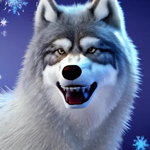 Image similar to 3 d render, well toned, large, female anthropomorphic wolf, blue fur with white spots, icey blue dress.