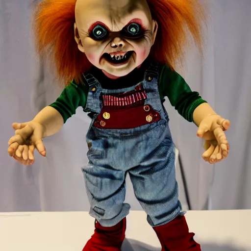 Image similar to Chucky the killer doll for sale at a horror convention