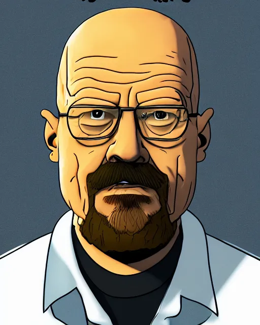 Image similar to portrait of walter white in the style of justin roiland. heisenberg from breaking bad. cinematic lighting. style of rick & morty. photographic, photography. by justin roiland