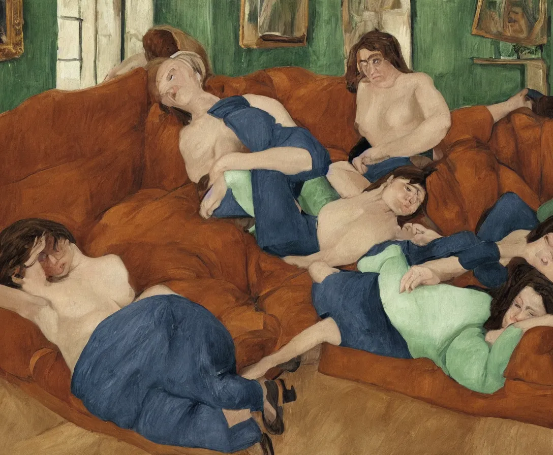 Image similar to portrait of bella and esther lying horizontal, in an old english apartment on a brown leather sofa. one is wearing a dark blue sweather, the other a white shirt. brown hair, they are looking into the camera. wide shot. in the style of lucien freud. oil painting. green mood. isometric perspective