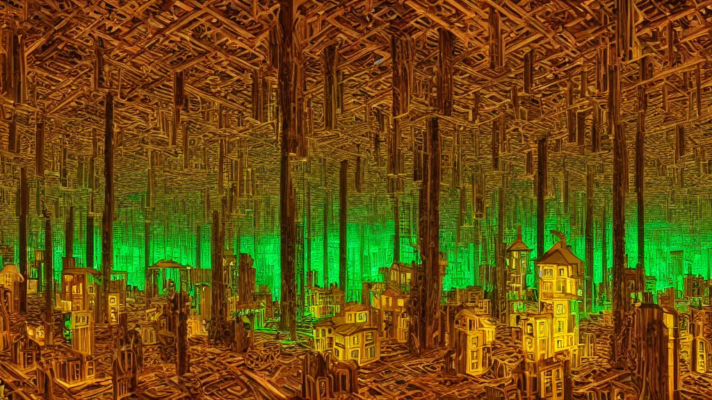 Image similar to portrait of an ethereal vaporwave wooden village made of golden lavender and green light, evergreen forest, divine, cyberspace, mysterious, high-contrast, 4k, award-winning photograph