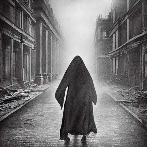 Image similar to ominous bedsheet ghost walking through the center of a destroyed london city, 1 9 2 0's colored pencil, gloomy misty atmosphere, deep aesthetic, symmetrical, full body image, highly ornate intricate details, very sharp photo,