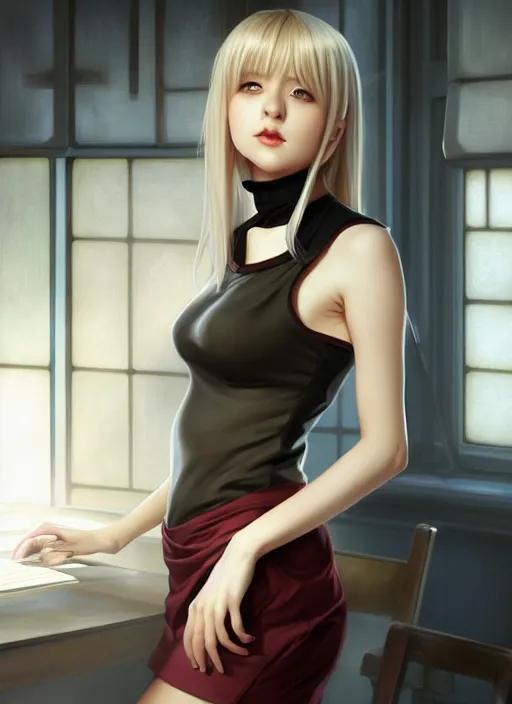 Prompt: portrait of a full body of beautiful young female secretary, d & d, sleeveless turtleneck, pencil skirt, fantasy, flat lighting, intricate, highly detailed, digital painting, artstation, concept art, smooth, sharp focus, illustration, misa amane, art by simon bisley and greg rutkowski and alphonse mucha, natural tpose