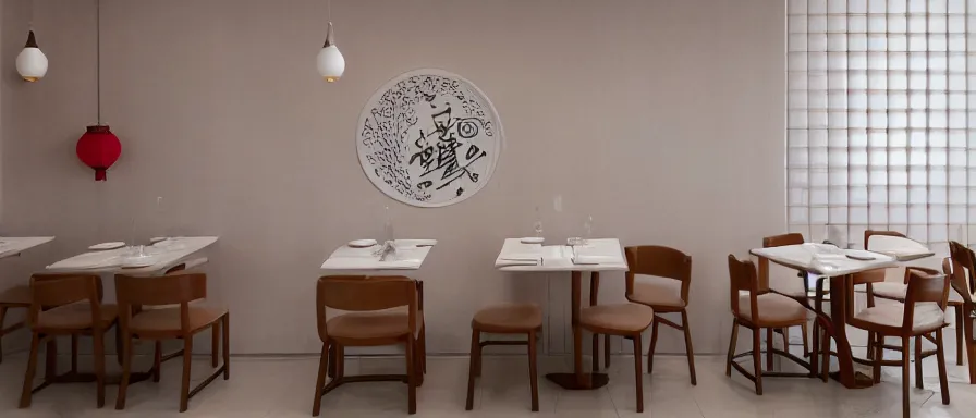 Image similar to a beautiful simple interior render of small roasted string hotpot restaurant restaurant yan'an, wall corner, from china, red paper wall and white tile floor, rectangle white porcelain table, fine simple delicate structure, chinese style, simple composition, simple style structure decoration design, victo ngai, 4 k hd