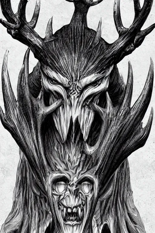 Image similar to humanoid figure monster with antlers, highly detailed, digital art, sharp focus, trending on art station, kentaro miura manga art style