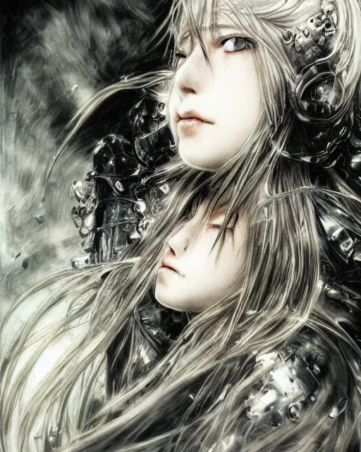 Prompt: Yoshitaka Amano realistic illustration of an anime girl with wavy white hair and cracks on her face wearing Elden ring armour with the cape fluttering in the wind, abstract black and white patterns on the background, noisy film grain effect, highly detailed, Renaissance oil painting, weird portrait angle