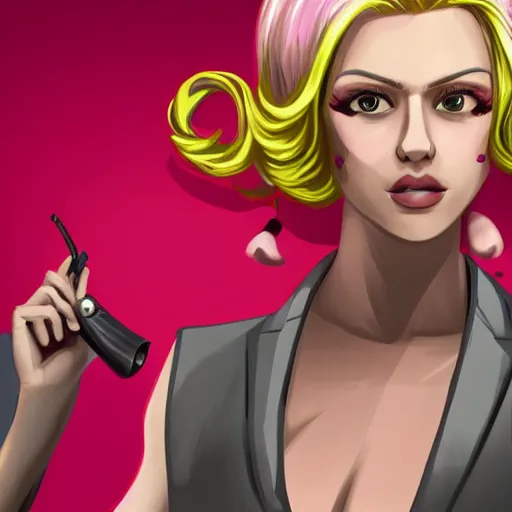 Prompt: A female mafia character with blond hair and pink clothing