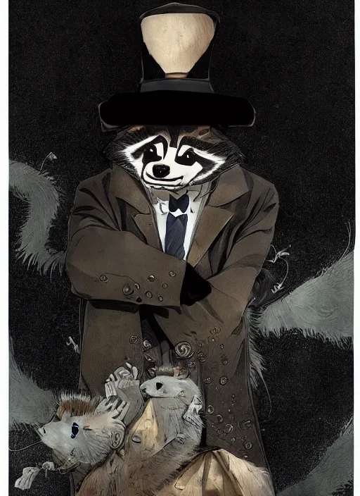 Image similar to a dramatic illustration portrait of an anthropomorphic raccoon mob boss, by posuka demizu, by stephen gammell, by victo ngai, by george ault, in the style of mafia, artstation