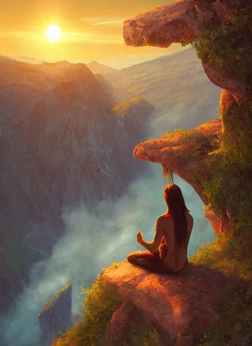 Prompt: an shaman sitting at the top of a cliff, looking down at the valley, doing a vision quest, beautiful sunset, art by charlie bowater