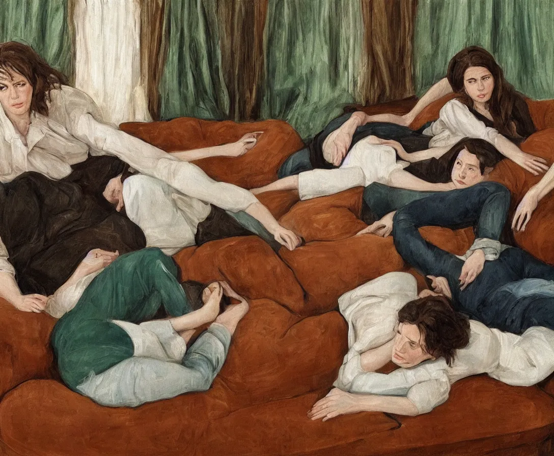 Image similar to portrait of bella and esther lying horizontal, in an old english apartment on a brown leather sofa. one is wearing a dark blue sweather, the other a white shirt. brown hair, they are looking into the camera. wide shot. in the style of lucien freud. oil painting. green mood. isometric perspective