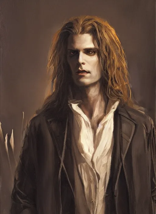 Image similar to portrait painting of the vampire lestat in paris, muscular male, long hair! long coat, elegant rugged handsome unreal render cinematic lighting art 1 8 9 0 period drama by bussiere rutkowski andreas rocha