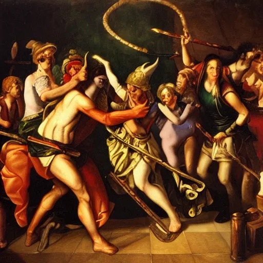 Image similar to baroque oil painting of an elven bar fight